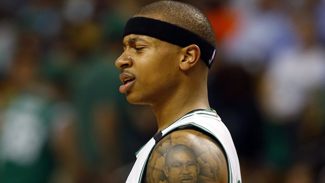 Former Boston Celtics guard Isaiah Thomas (4) reacts during the first half against the Cleveland Cavaliers in game two of the Eastern Conference Finals of the NBA Playoffs at TD Garden.