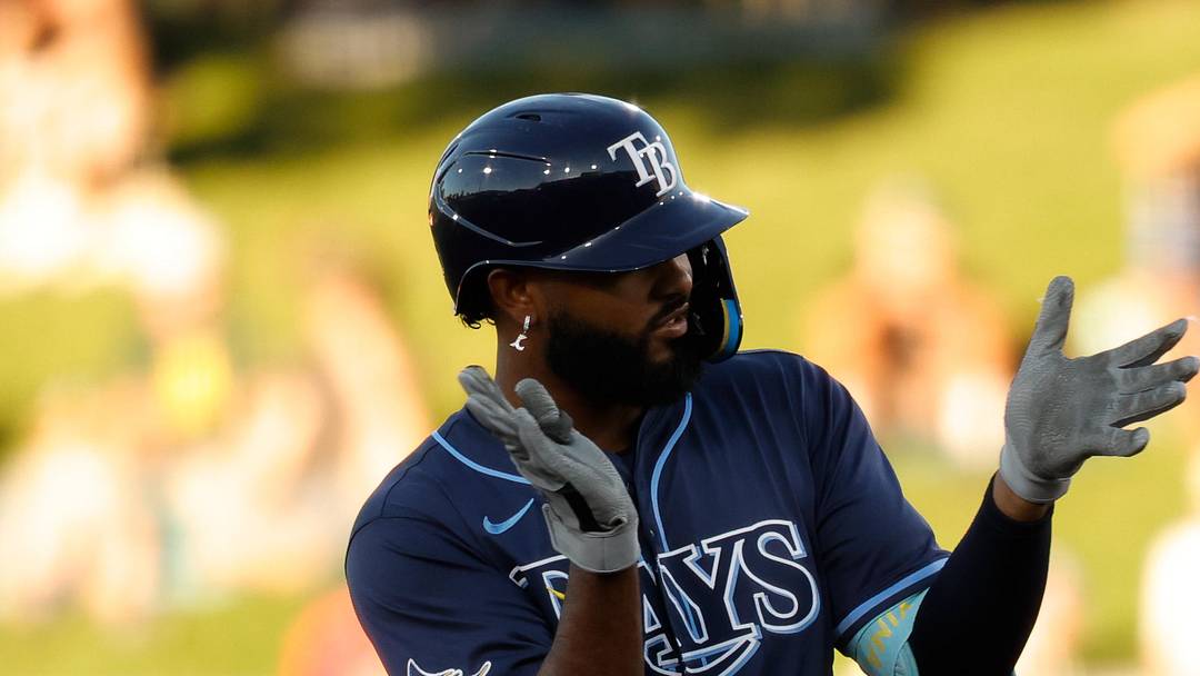 Tampa Bay Rays third baseman Junior Caminero (13) celebrates after hitting an RBI double during the first inning against the Athletics at Sutter Health Park.