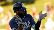 Tampa Bay Rays third baseman Junior Caminero (13) celebrates after hitting an RBI double during the first inning against the Athletics at Sutter Health Park.