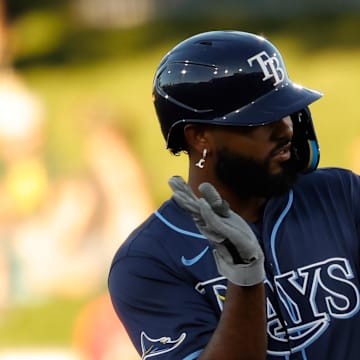 Tampa Bay Rays third baseman Junior Caminero (13) celebrates after hitting an RBI double during the first inning against the Athletics at Sutter Health Park.