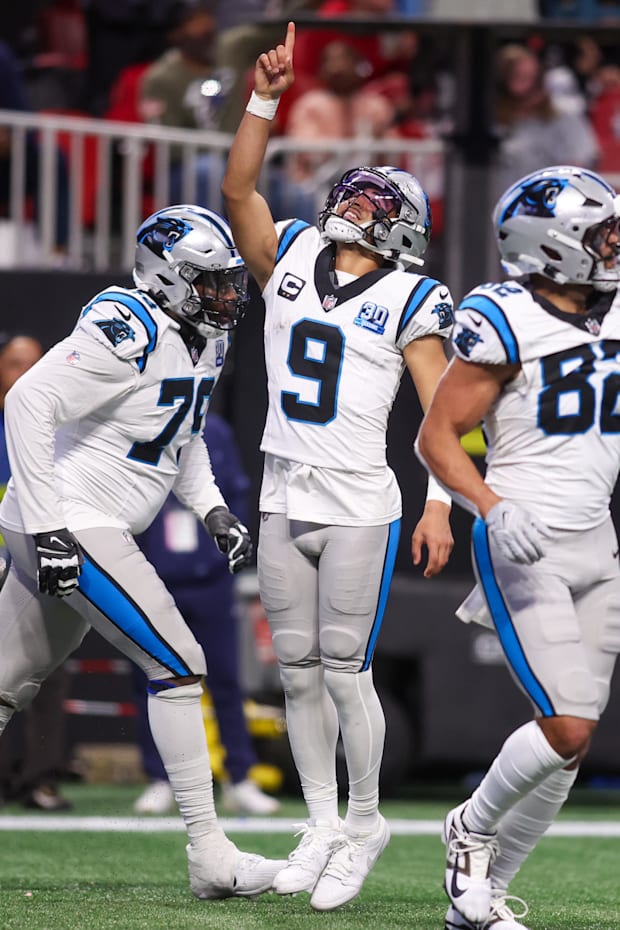 Carolina Panthers quarterback Bryce Young celebrates after a touchdown against the Atlanta Falcons