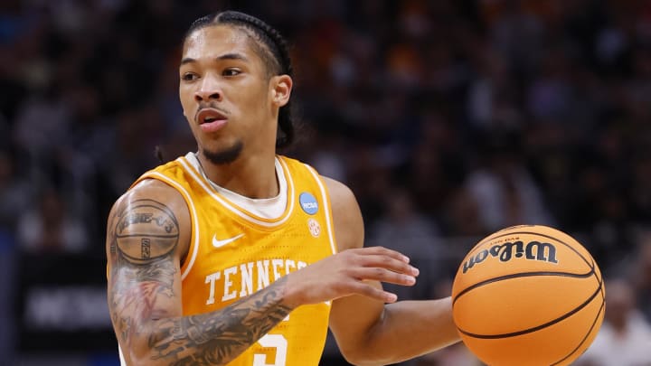 Mar 31, 2024; Detroit, MI, USA; Tennessee Volunteers guard Zakai Zeigler (5) dribbles the ball in the first half against the Purdue Boilermakers during the NCAA Tournament Midwest Regional Championship at Little Caesars Arena. Mandatory Credit: Rick Osentoski-USA TODAY Sports