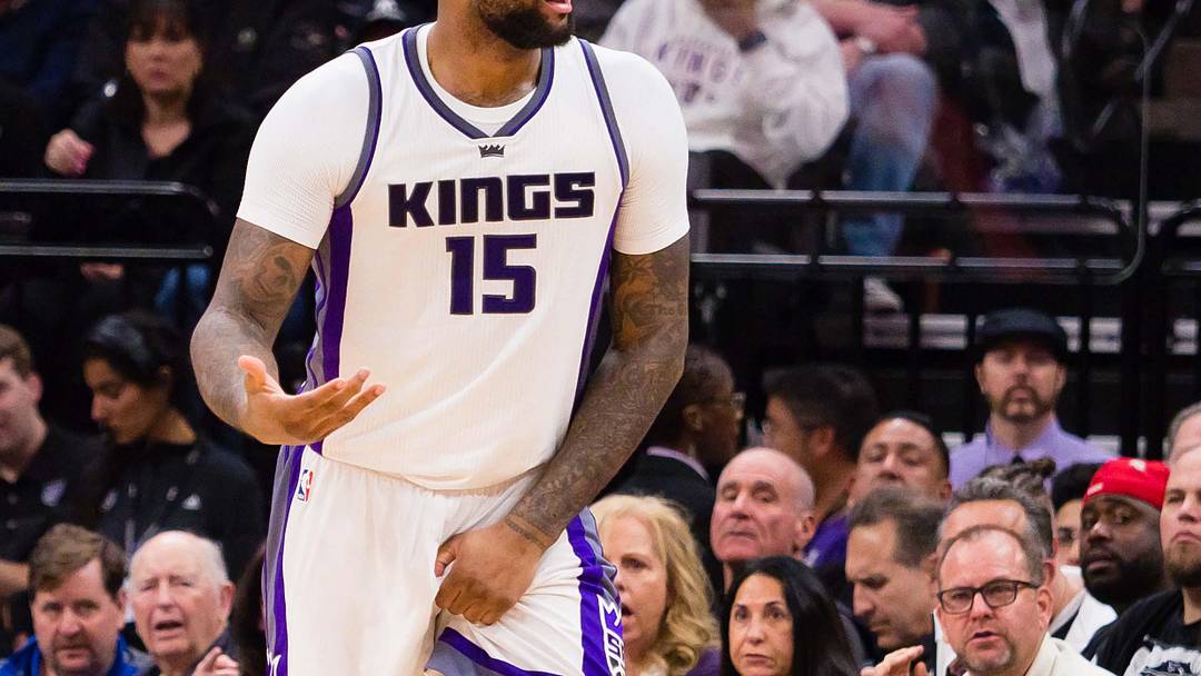 Feb 12, 2017; Sacramento, CA, USA; Sacramento Kings forward DeMarcus Cousins (15) reacts after being fouled by New Orleans Pelicans guard Buddy Hield (not pictured) during the second quarter at Golden 1 Center. Feb 12, 2017; Sacramento, CA, USA; Sacramento Kings forward DeMarcus Cousins (15) reacts after being fouled by New Orleans Pelicans guard Buddy Hield (not pictured) during the second quarter at Golden 1 Center.