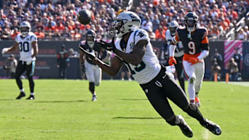 Oct 6, 2024; Chicago, Illinois, USA; Carolina Panthers wide receiver Jonathan Mingo (15) makes a diving catch against the Chicago Bears during the third quarter at Soldier Field.