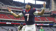 Dec 31, 2023; Houston, Texas, USA; Houston Texans quarterback C.J. Stroud (7) jogs off the field after the game against the Tennessee Titans at NRG Stadium. Mandatory Credit: Troy Taormina-USA TODAY Sports