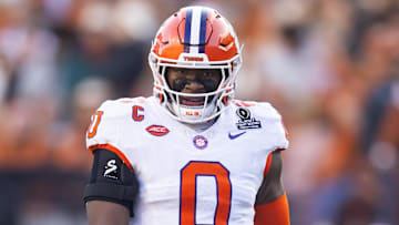 Dec 21, 2024; Austin, Texas, USA; Clemson Tigers linebacker Barrett Carter (0) against the Texas Longhorns during the CFP National playoff first round at Darrell K Royal-Texas Memorial Stadium. Mandatory Credit: Mark J. Rebilas-Imagn Images