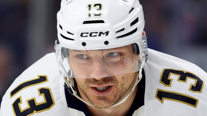 Jan 12, 2026; Buffalo, New York, USA;  Florida Panthers center Sam Reinhart (13) waits for the face-off during the third period against the Buffalo Sabres at KeyBank Center. Mandatory Credit: Timothy T. Ludwig-Imagn Images