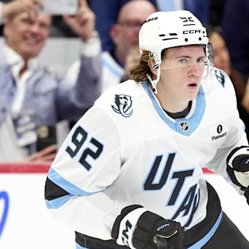 Oct 9, 2025; Denver, Colorado, USA; Utah Mammoth center Logan Cooley (92) before the game against the against the Colorado Avalanche at Ball Arena. Mandatory Credit: Ron Chenoy-Imagn Images