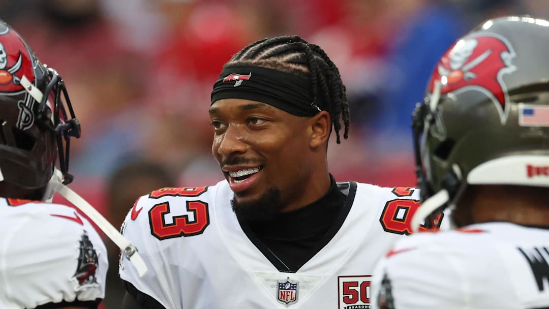 Aug 23, 2025; Tampa, Florida, USA; Tampa Bay Buccaneers wide receiver Tez Johnson (83), running back Sean Tucker (44) and running back Josh Williams (37) prior to the game against the Buffalo Bills at Raymond James Stadium. 