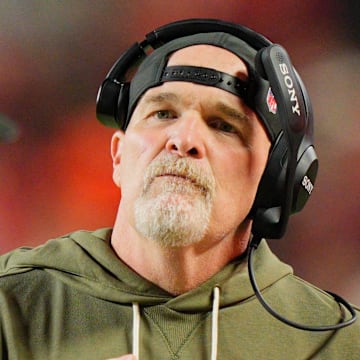 Oct 27, 2025; Kansas City, Missouri, USA; Washington Commanders head coach Dan Quinn looks on during the second quarter of the game against the Kansas City Chiefs at GEHA Field at Arrowhead Stadium. Mandatory Credit: Jay Biggerstaff-Imagn Images