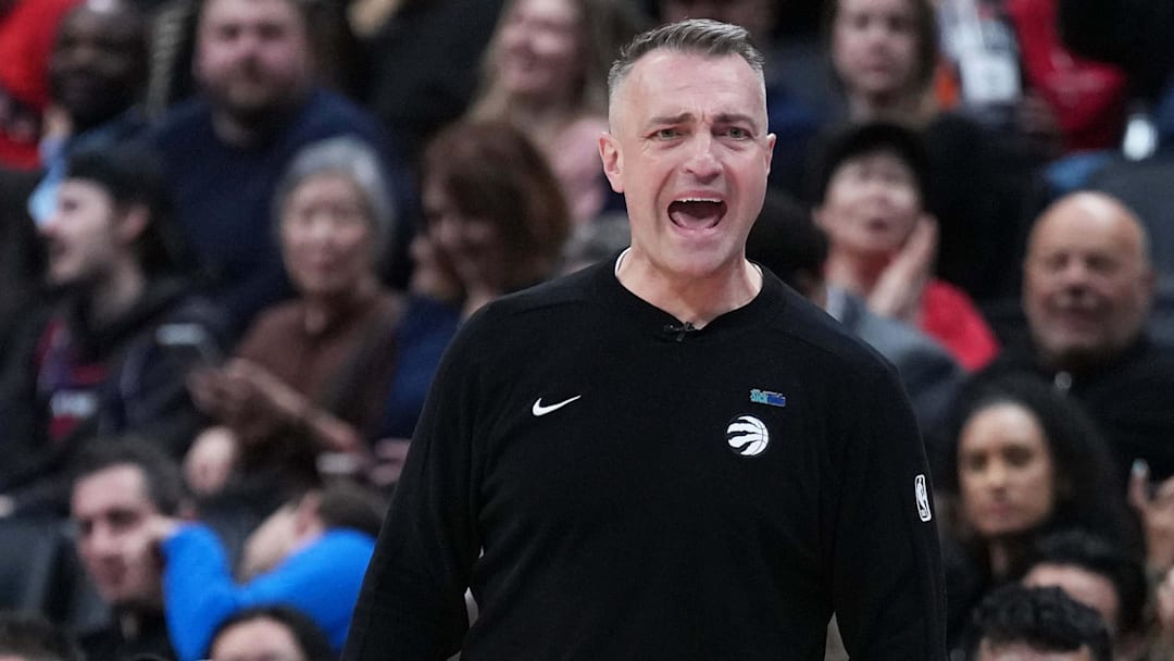 Apr 7, 2026; Toronto, Ontario, CAN; Toronto Raptors head coach Darko Rajakovic reacts during the play against the Miami Heat during the fourth quarter at Scotiabank Arena. Mandatory Credit: Nick Turchiaro-Imagn Images