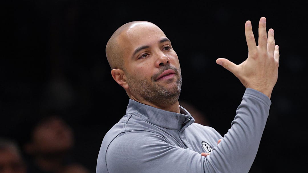 Dec 6, 2025; Brooklyn, New York, USA; Brooklyn Nets head coach Jordi Fernandez reacts during the first quarter against the New Orleans Pelicans at Barclays Center. Mandatory Credit: Vincent Carchietta-Imagn Images