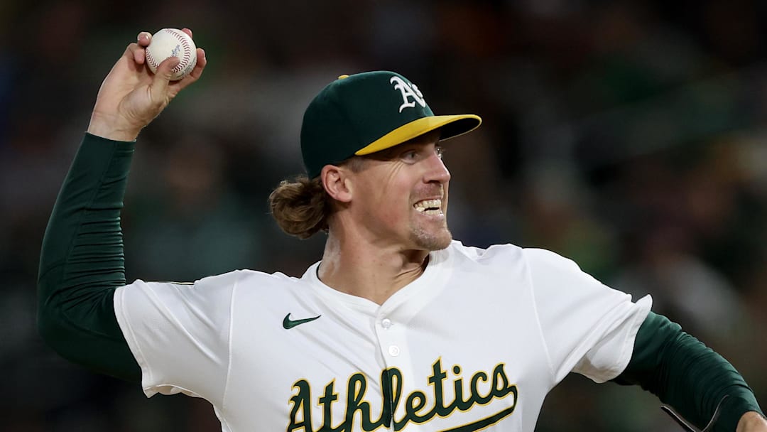 Sep 27, 2025; West Sacramento, California, USA; Athletics pitcher Tyler Ferguson (44) throws a pitch against the Kansas City Royals during the eighth inning at Sutter Health Park. Mandatory Credit: Dennis Lee-Imagn Images