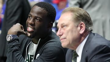 Mar 19, 2017; Tulsa, OK, USA; Golden State Warriors power forward Draymond Green speaks to Michigan State Spartans head coach Tom Izzo before the game between the Kansas Jayhawks and the Michigan State Spartans in the second round of the 2017 NCAA Tournament at BOK Center. Mandatory Credit: Brett Rojo-Imagn Images