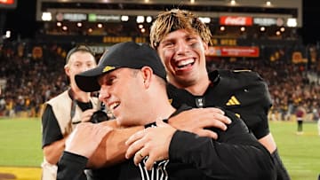 Sep 26, 2025; Tempe, Arizona, USA; Arizona State Sun Devils quarterback Sam Leavitt (10) celebrates with head coach Kenny Dillingham after their win against TCU Horned Frogs at Mountain America Stadium, Home of the ASU Sun Devils. Mandatory Credit: Jacob Reiner-Imagn Images