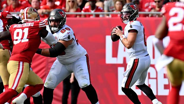 Tampa Bay Buccaneers quarterback Baker Mayfield (6) looks to throw during the first quarter against the San Francisco 49ers.
