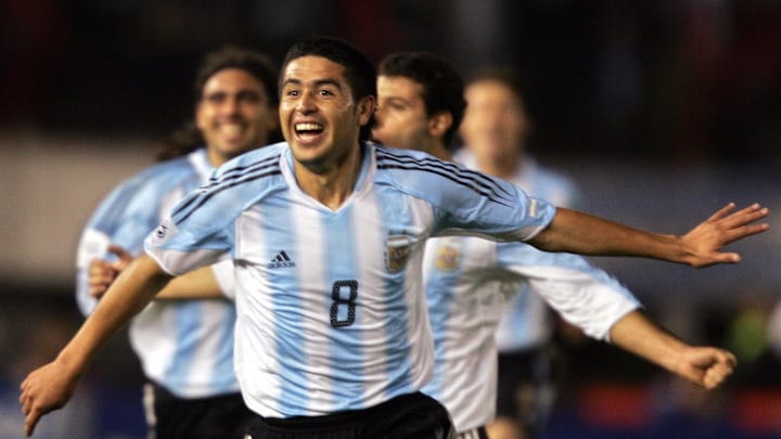 Argentine Juan Riquelme (8) celebrates a