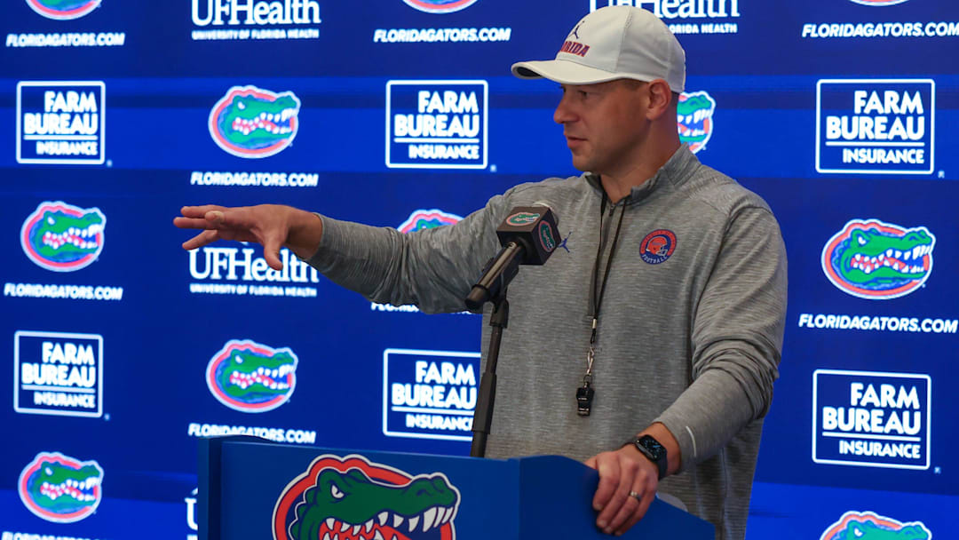 Florida head coach Jon Sumrall speaks during a press conference after the first day of Florida Spring football practice at Heavener Football Center in Gainesville, FL on Tuesday, March 3, 2026.