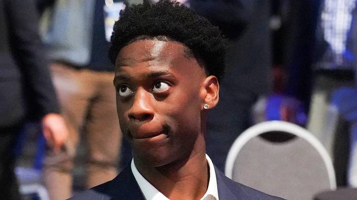 May 10, 2026; Chicago, IL, USA; BYU AJ Dybantsa sits during the 2026 NBA Draft Lottery at Navy Pier. Mandatory Credit: David Banks-Imagn Images