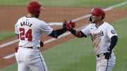 Jun 3, 2024; Washington, District of Columbia, USA; Washington Nationals first base Joey Gallo (24) celebrates with Washington Nationals second base Ildemaro Vargas (14) after hitting a two run home run against the New York Mets during the fourth inning at Nationals Park