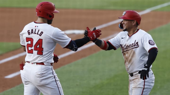 Jun 3, 2024; Washington, District of Columbia, USA; Washington Nationals first base Joey Gallo (24) celebrates with Washington Nationals second base Ildemaro Vargas (14) after hitting a two run home run against the New York Mets during the fourth inning at Nationals Park