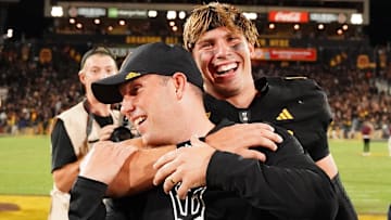 Sep 26, 2025; Tempe, Arizona, USA; Arizona State Sun Devils quarterback Sam Leavitt (10) celebrates with head coach Kenny Dillingham after their win against TCU Horned Frogs at Mountain America Stadium, Home of the ASU Sun Devils. Mandatory Credit: Jacob Reiner-Imagn Images
