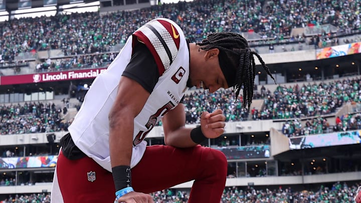 Jan 26, 2025; Philadelphia, PA, USA; Washington Commanders quarterback Jayden Daniels (5) before the NFC Championship game at Lincoln Financial Field. Mandatory Credit: Bill Streicher-Imagn Images