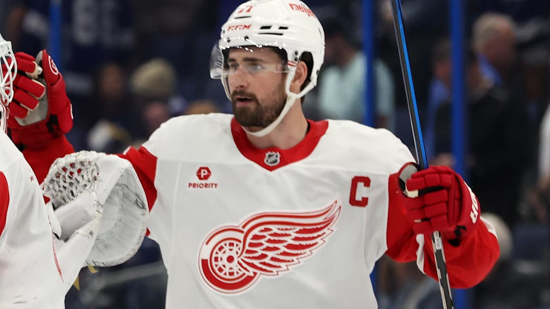 Apr 11, 2025; Tampa, Florida, USA; Detroit Red Wings goaltender Alex Lyon (34) and center Dylan Larkin (71) celebrate after they beat the Tampa Bay Lightning at Amalie Arena. Mandatory Credit: Kim Klement Neitzel-Imagn Images