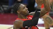 Toronto Raptors forward RJ Barrett shoots in the fourth quarter against the Cleveland Cavaliers.