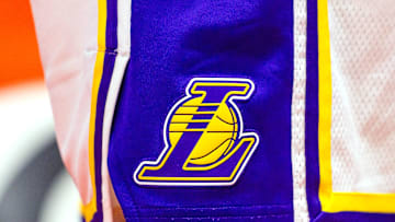 Nov 14, 2025; New Orleans, Louisiana, USA;  Detailed view of the Los Angeles Lakers logo against the New Orleans Pelicans during the second half at Smoothie King Center. Mandatory Credit: Stephen Lew-Imagn Images