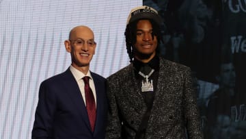 Jun 26, 2024; Brooklyn, NY, USA; Stephon Castle poses for photos with NBA commissioner Adam Silver after being selected in the first round by the San Antonio Spurs in the 2024 NBA Draft at Barclays Center.