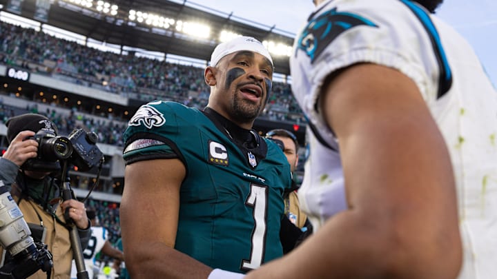 Dec 8, 2024; Philadelphia, Pennsylvania, USA; Philadelphia Eagles quarterback Jalen Hurts (1) shakes hands with Carolina Panthers quarterback Bryce Young (9) after the game at Lincoln Financial Field. Dec 8, 2024; Philadelphia, Pennsylvania, USA; Philadelphia Eagles quarterback Jalen Hurts (1) shakes hands with Carolina Panthers quarterback Bryce Young (9) after the game at Lincoln Financial Field.