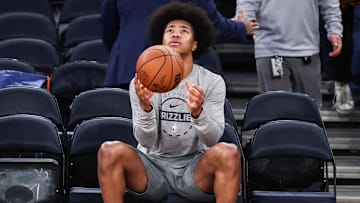 Nov 11, 2025; New York, New York, USA;  Memphis Grizzlies forward Jaylen Wells (0) prepares to take the court for warmups prior to the game against the New York Knicks at Madison Square Garden. Mandatory Credit: Wendell Cruz-Imagn Images