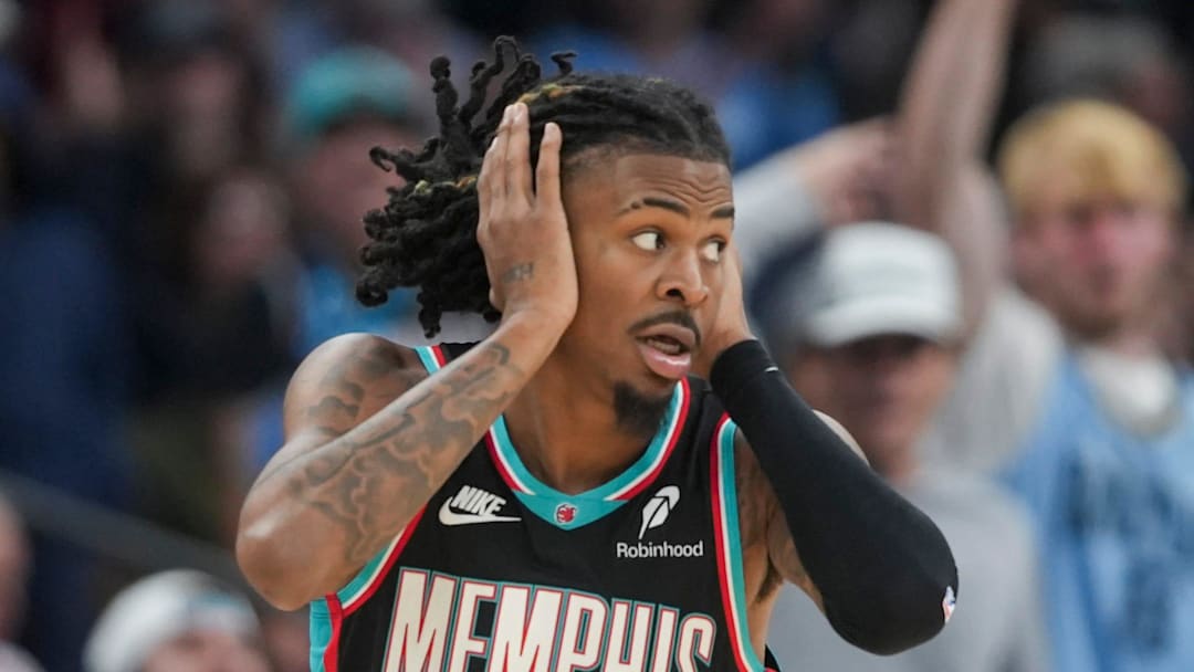 Grizzlies' Ja Morant (12) reacts after making a 3-pointer during the home opener against the New Orleans Pelicans at FedExForum on October 22, 2025.