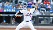 Mar 31, 2024; New York City, New York, USA;  New York Mets relief pitcher Brooks Raley (25) pitches in the ninth inning against the Milwaukee Brewers at Citi Field. 