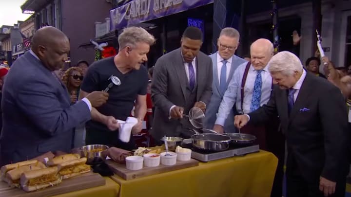 Curt Menefee, Gordon Ramsay, Michael Strahan, Howie Long, Terry Bradshaw and Jimmy Johnson made po’ boys on Bourbon Street ahead of Super Bowl LIX. Curt Menefee, Gordon Ramsay, Michael Strahan, Howie Long, Terry Bradshaw and Jimmy Johnson made po’ boys on Bourbon Street ahead of Super Bowl LIX.