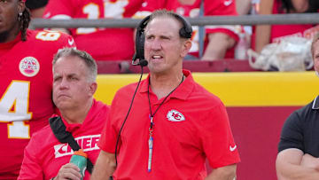 Sep 15, 2024; Kansas City, Missouri, USA; Kansas City Chiefs defensive coordinator Steve Spagnuolo watches play against the Cincinnati Bengals during the game at GEHA Field at Arrowhead Stadium. Mandatory Credit: Denny Medley-Imagn Images