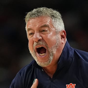 Apr 5, 2025; San Antonio, TX, USA; Auburn Tigers head coach Bruce Pearl reacts after a play against the Florida Gators during the second half in the semifinals of the men's Final Four of the 2025 NCAA Tournament at the Alamodome. Mandatory Credit: Bob Donnan-Imagn Images