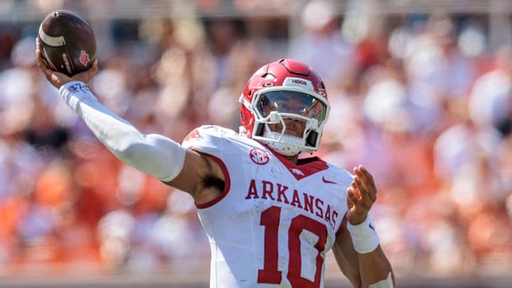 Arkansas Razorbacks quarterback Taylen Green (10) passes during the third quarter against the Oklahoma State Cowboys at Boone Pickens Stadium. 