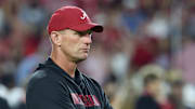 Nov 8, 2025; Tuscaloosa, Alabama, USA; Alabama Crimson Tide head coach Kalen Deboer looks on during warmups prior to the game against the Louisiana State Tigers at Saban Field at Bryant-Denny Stadium. Mandatory Credit: David Leong-Imagn Images