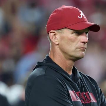Nov 8, 2025; Tuscaloosa, Alabama, USA; Alabama Crimson Tide head coach Kalen Deboer looks on during warmups prior to the game against the Louisiana State Tigers at Saban Field at Bryant-Denny Stadium. Mandatory Credit: David Leong-Imagn Images