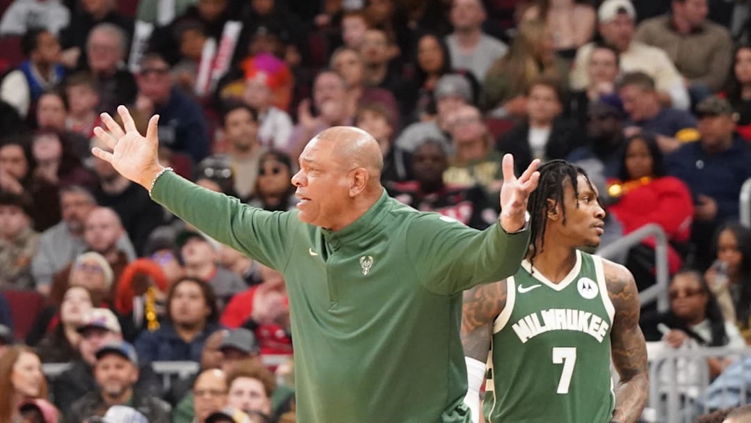 Mar 1, 2026; Chicago, Illinois, USA; Milwaukee Bucks Head Coach Doc Rivers gestures to his team against the Chicago Bulls during the second half at United Center. Mandatory Credit: David Banks-Imagn Images