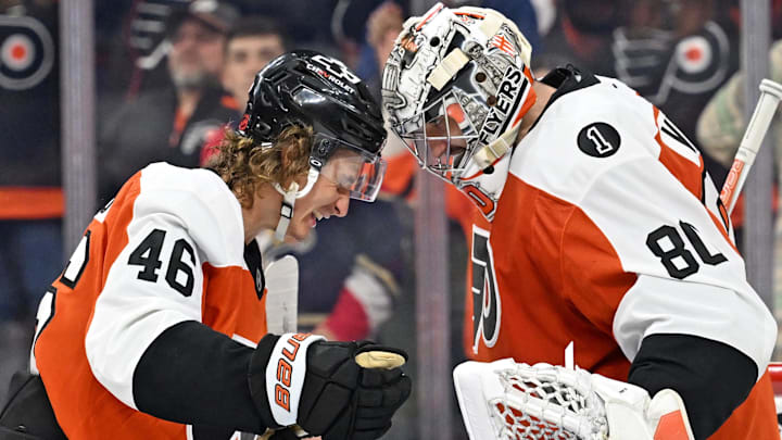Oct 13, 2025; Philadelphia, Pennsylvania, USA; Philadelphia Flyers center Trevor Zegras (46) and goaltender Dan Vladar (80) celebrate win against the Florida Panthers at Wells Fargo Center. Mandatory Credit: Eric Hartline-Imagn Images Oct 13, 2025; Philadelphia, Pennsylvania, USA; Philadelphia Flyers center Trevor Zegras (46) and goaltender Dan Vladar (80) celebrate win against the Florida Panthers at Wells Fargo Center. Mandatory Credit: Eric Hartline-Imagn Images