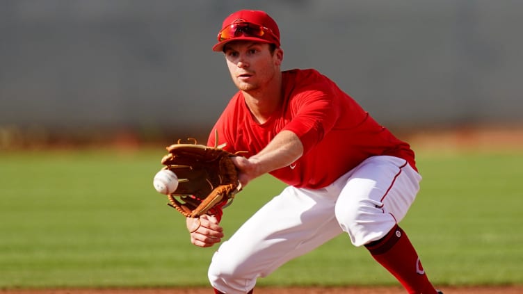 Cincinnati Reds prospects Matt McLain (93) catches a throw.