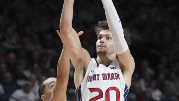 March 12, 2024; Las Vegas, NV, USA; Saint Mary's Gaels guard Aidan Mahaney (20) shoots the