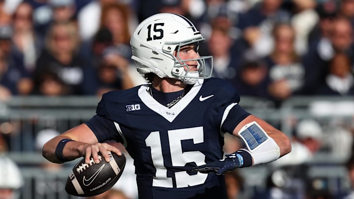 Oct 11, 2025; University Park, Pennsylvania, USA; Penn State Nittany Lions quarterback Drew Allar (15) throws a pass in the first quarter against the Northwestern Wildcats at Beaver Stadium. Mandatory Credit: Matthew O'Haren-Imagn Images