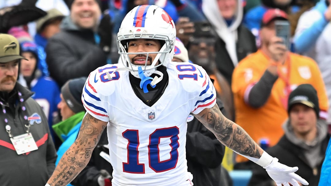 Nov 16, 2025; Orchard Park, New York, USA; Buffalo Bills wide receiver Khalil Shakir (10) enters the field before a game against the Tampa Bay Buccaneers at Highmark Stadium. 