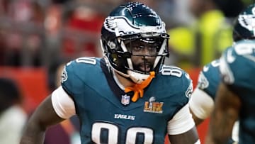 Feb 9, 2025; New Orleans, LA, USA; Philadelphia Eagles  wide receiver Parris Campbell (80) against the Kansas City Chiefs during Super Bowl LIX at Ceasars Superdome. Mandatory Credit: Mark J. Rebilas-Imagn Images