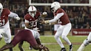 Oct 18, 2025; Stanford, California, USA;  Stanford Cardinal quarterback Elijah Brown (2) hands the ball off to Stanford Cardinal running back Cole Tabb (33) during the second quarter against the Florida State Seminoles at Stanford Stadium. Mandatory Credit: Stan Szeto-Imagn Images
