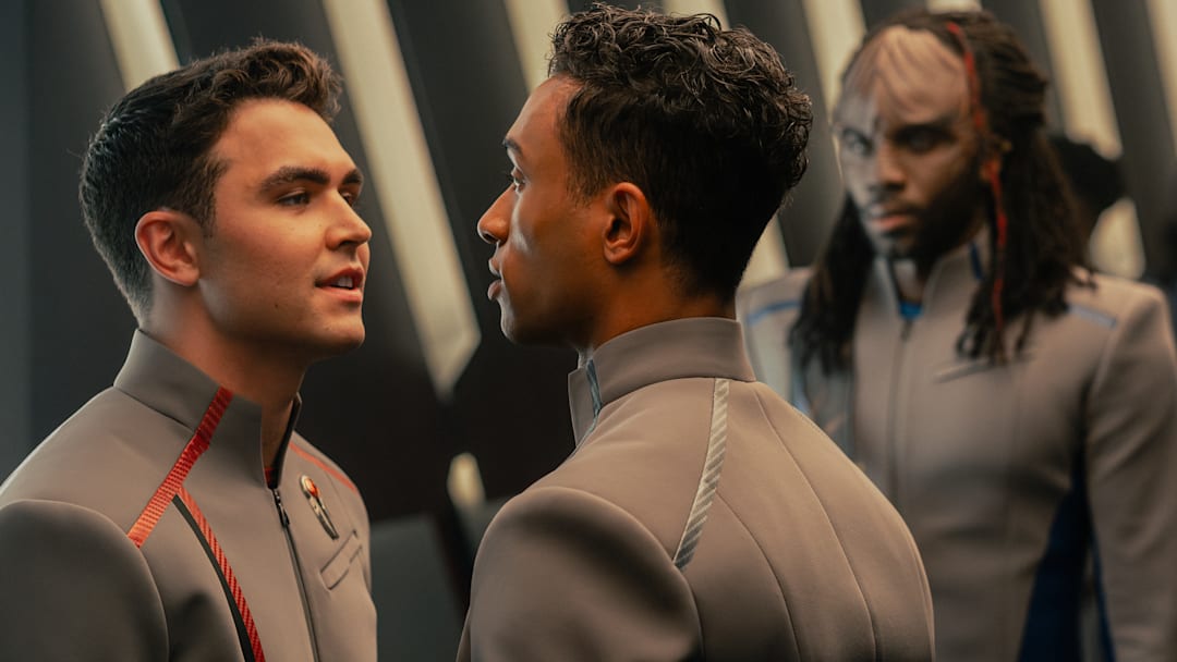 George Hawkins as Darem and Sandro Rosta as Caleb in Star Trek: Starfleet Academy, episode 1, season 1, streaming on Paramount+, 2025. Photo Credit: Brooke Palmer/Paramount+.